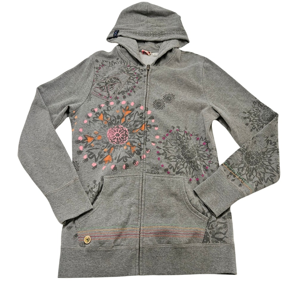 Roxy Limited Edition Gray Mandala Zip Up Hoodie VTG Y2k Sweatshirt Sz XL